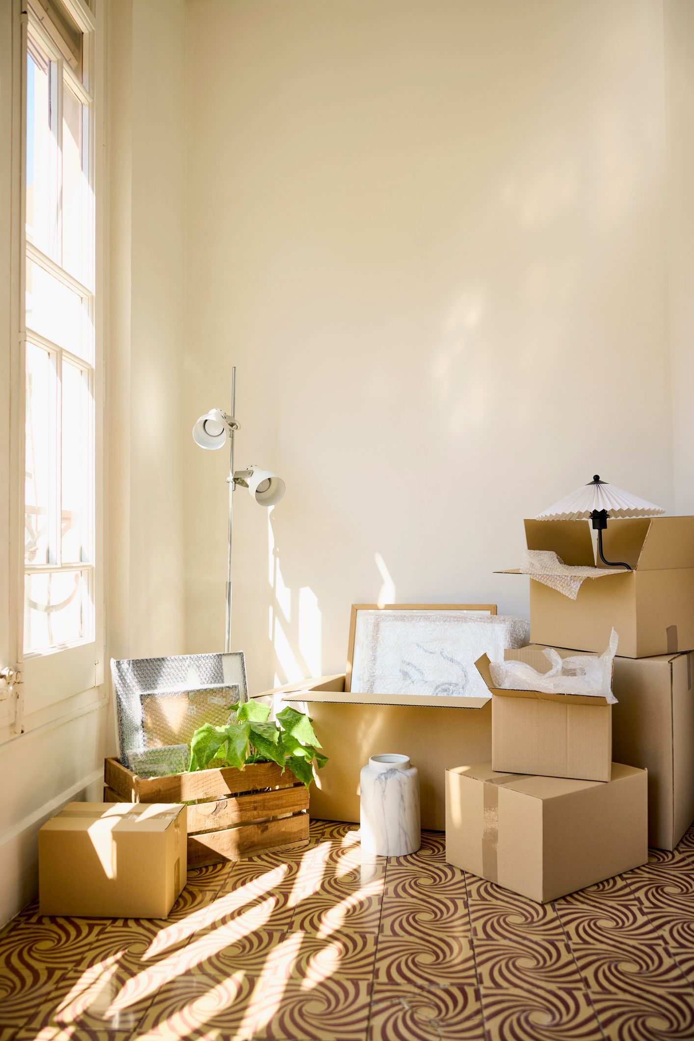 Cardboard boxes with lamp by window in apartment | Tony Caccamise Moving