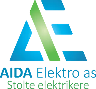Logo for AIDA Elektro AS: blå trekant og bokstaven E, med en grønn stripe.