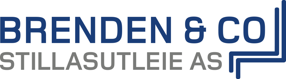 Logo for Brenden & Co, med blå tekst og grå understrek, og et blått og grått grafisk element.