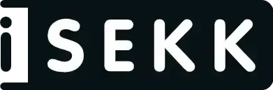 Logo: hvitt «i»-ikon med svart bakgrunn, ordet «SEKK» med hvite bokstaver.
