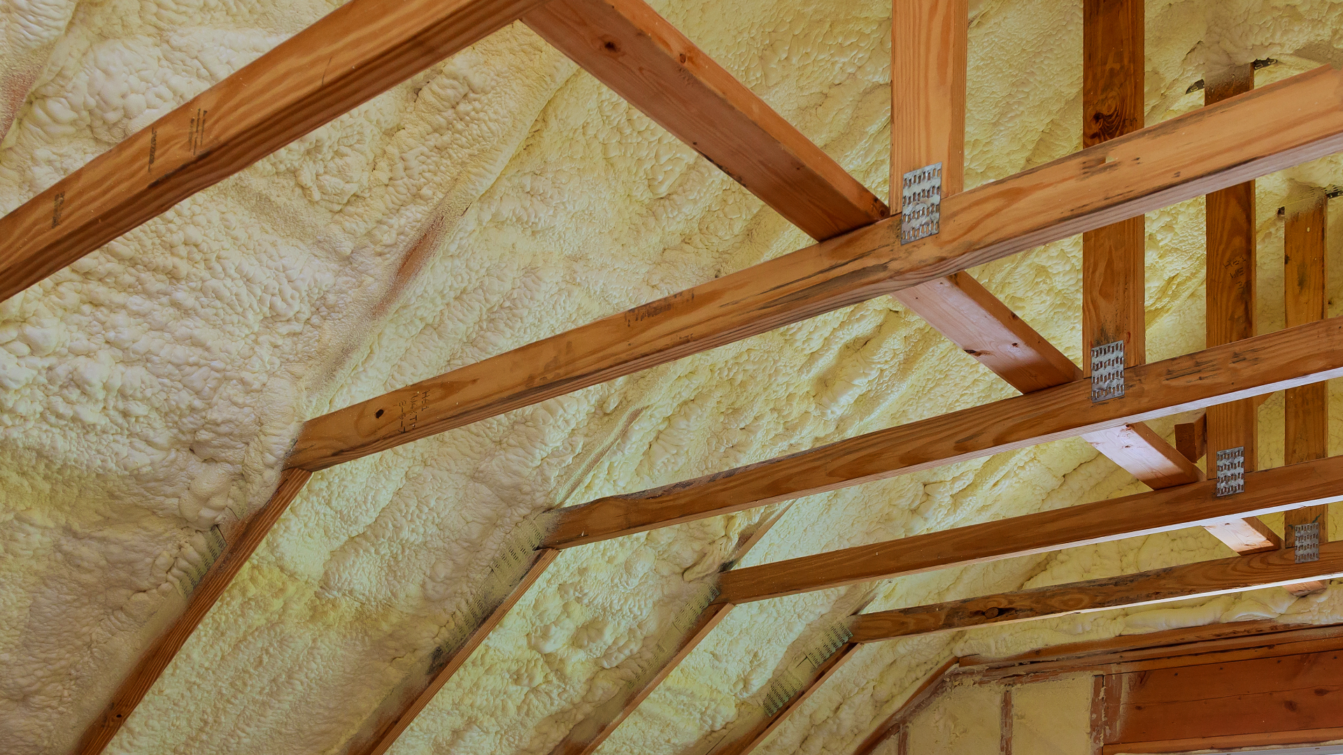 Yellow foam insulation fills the interior of a wooden roof structure.