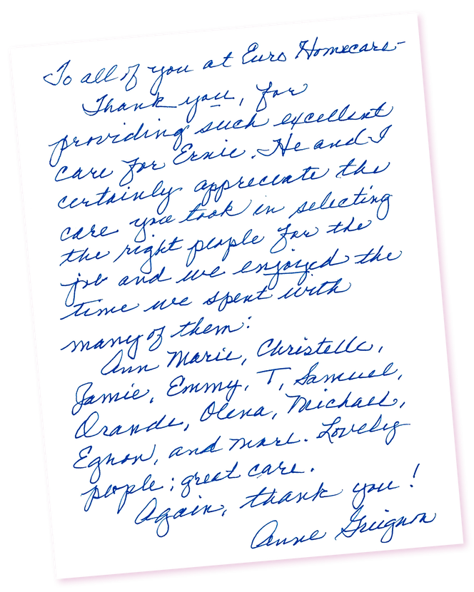 Handwritten thank you note on white paper.