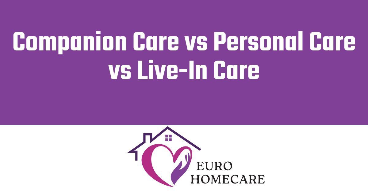 Purple banner with white text: Companion Care vs Personal Care vs Live-In Care. Euro Homecare logo below.