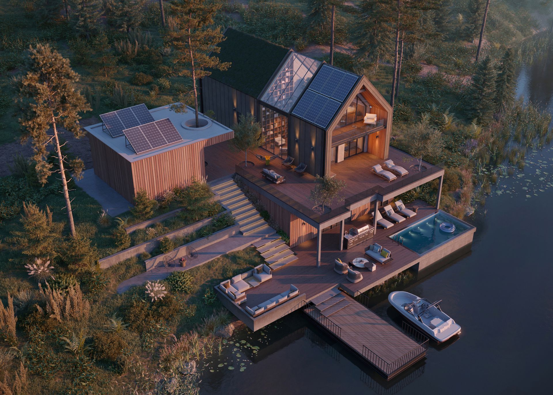 An aerial view of a house on a lake with a dock.