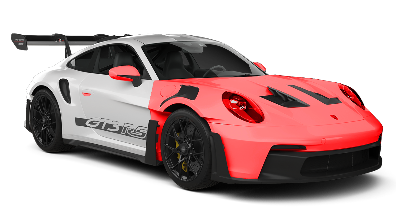 Red sports car with black accents and large rear wing, shown on a white background