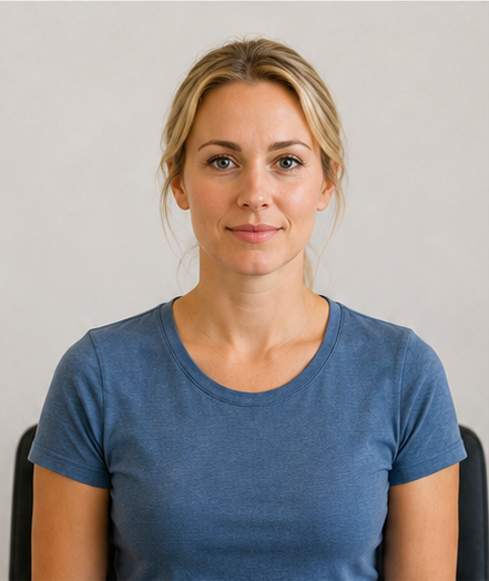 Portrait of a smiling woman against a plain light background, wearing a dark athletic tank top