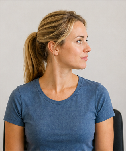 Smiling woman with blonde hair in a bun, wearing a black tank top against a plain light background