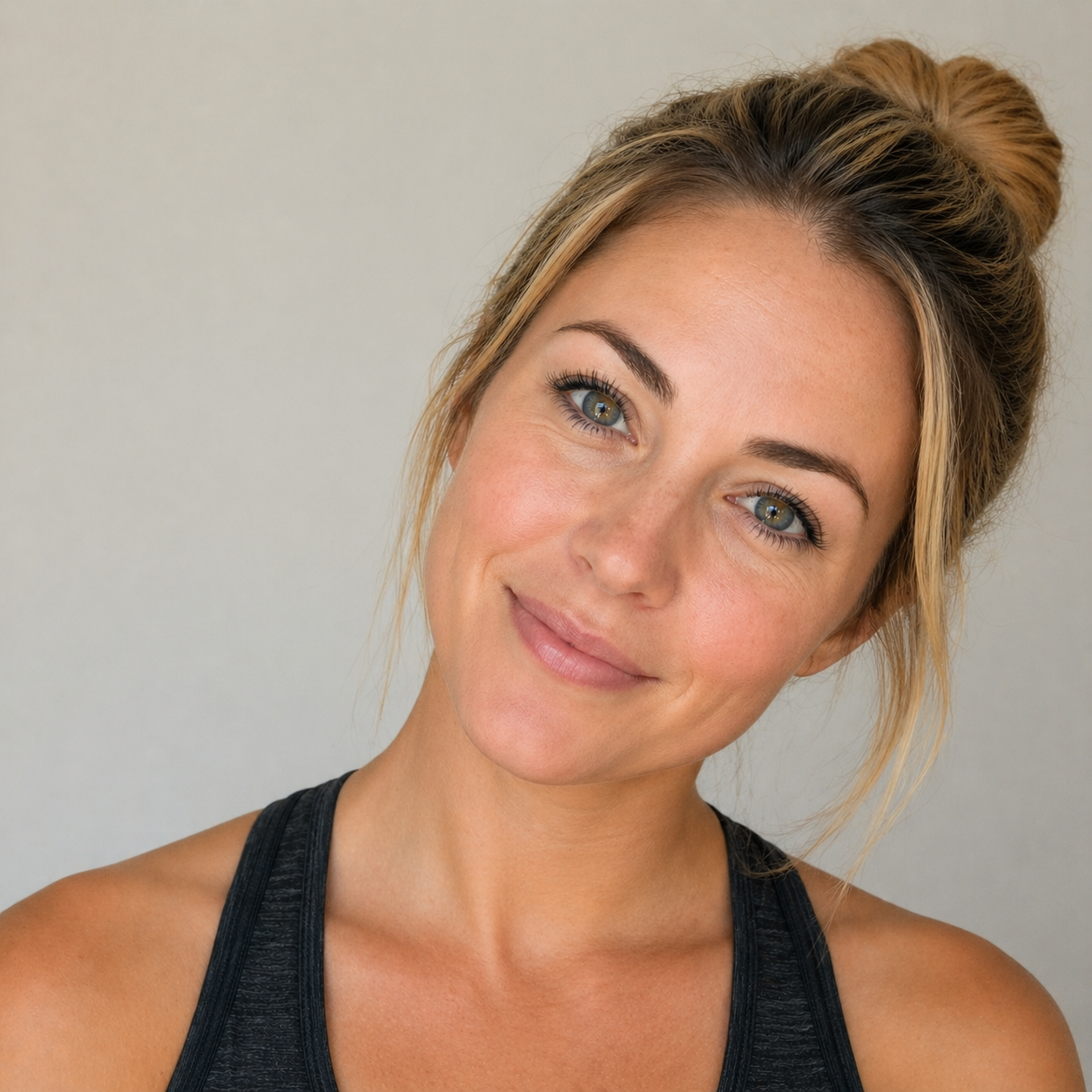 Smiling woman with blonde hair in a bun, wearing a black tank top against a plain light background