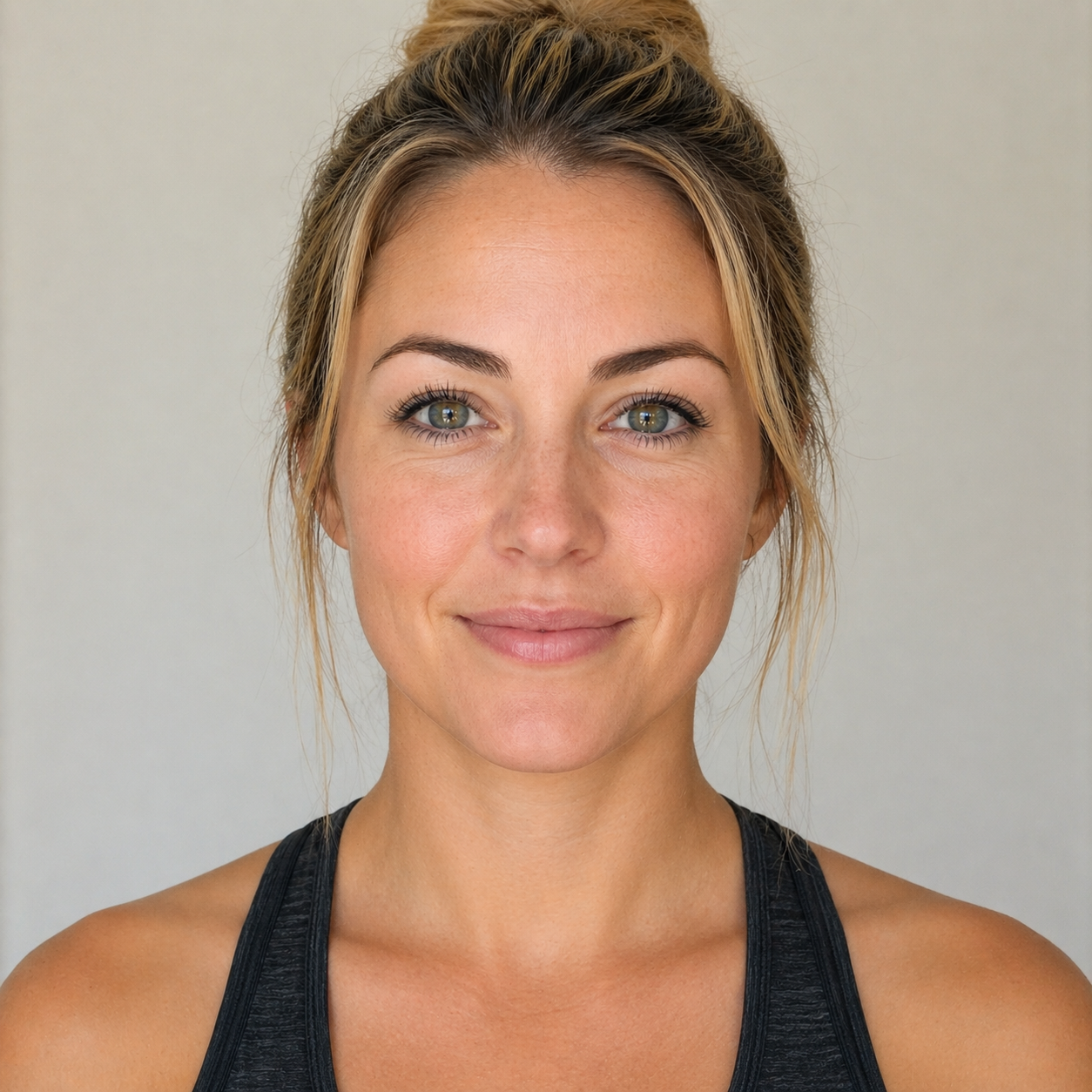 Smiling woman in a black tank top against a plain light background