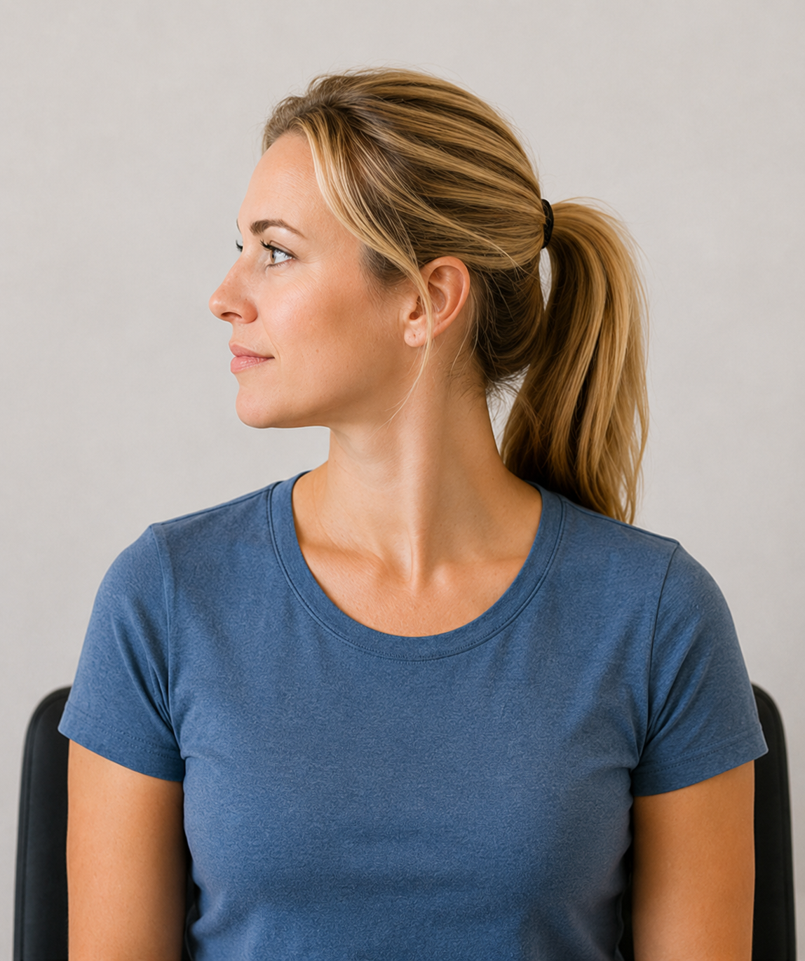 Smiling woman with blonde hair in a bun, wearing a black tank top against a plain light background