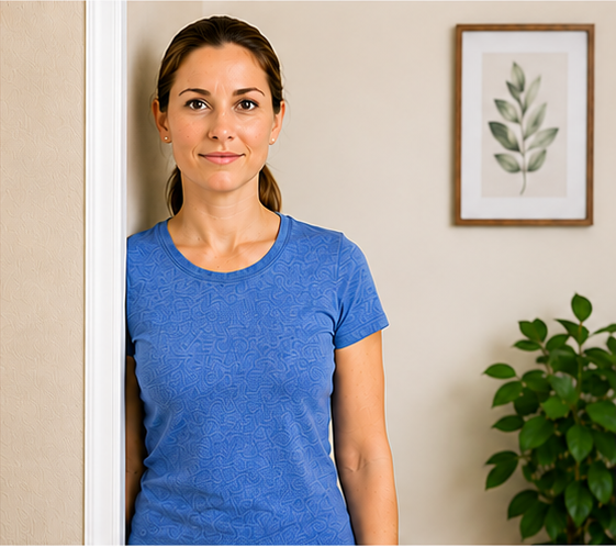 Portrait of a smiling woman against a plain light background, wearing a dark athletic tank top