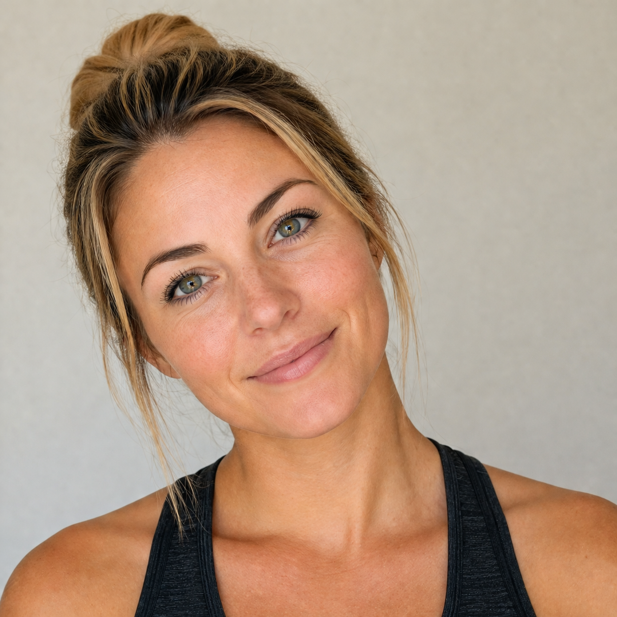 Smiling woman with blonde hair in a black tank top against a plain background