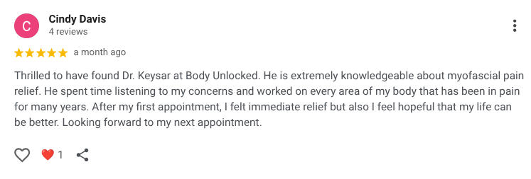 Customer review for a doctor at Body Unlocked; five stars with a pink circle profile icon.