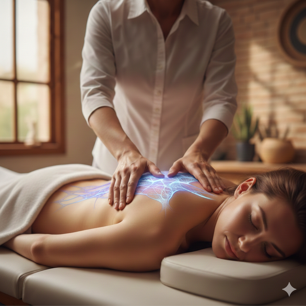 Person receiving myofascial release, with energy-like glow, in spa-like setting.
