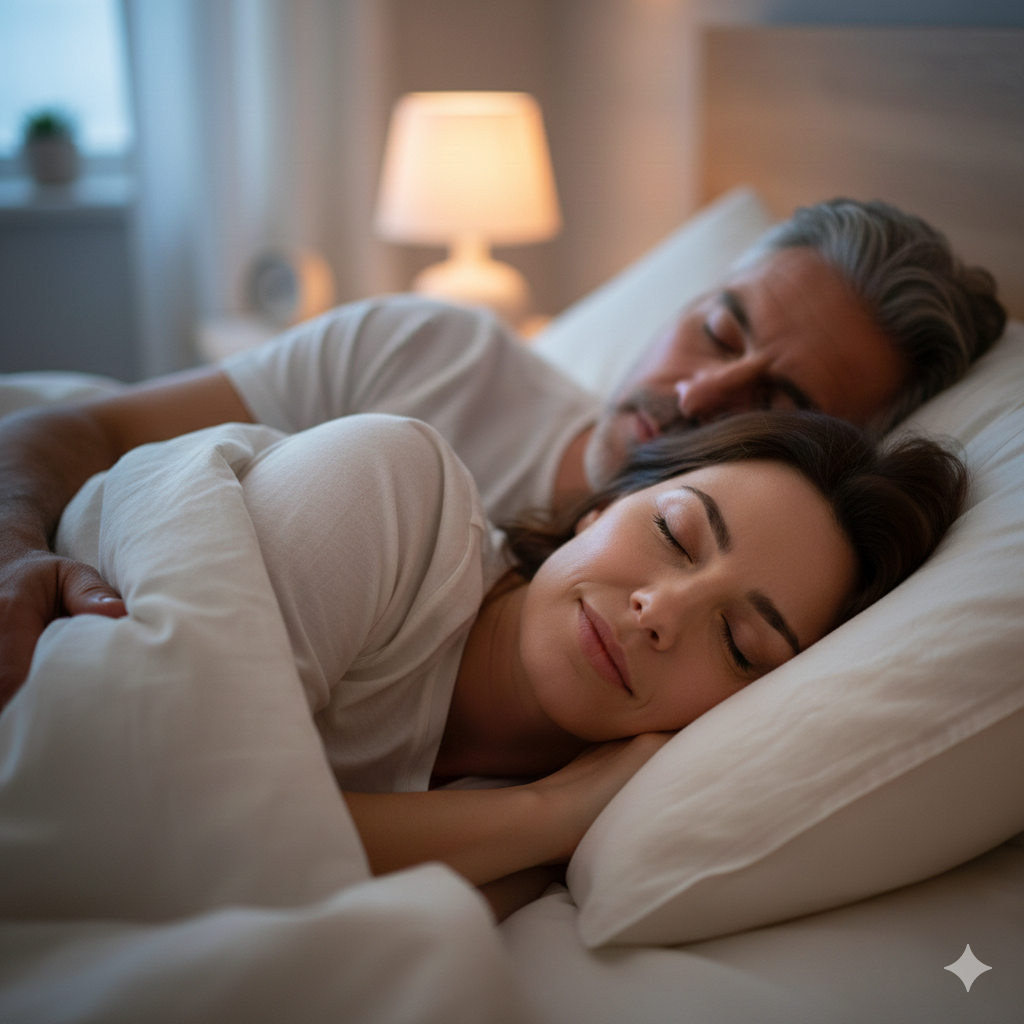 Couple asleep in bed, white bedding, nightstand lamp in background.