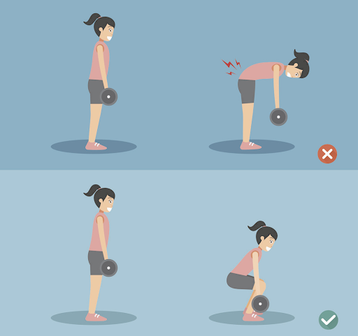 Woman lifting dumbbell correctly vs. incorrectly. The bad posture shows back pain.