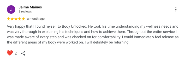 A customer review with a five-star rating for Body Unlocked, expressing satisfaction with their service.
