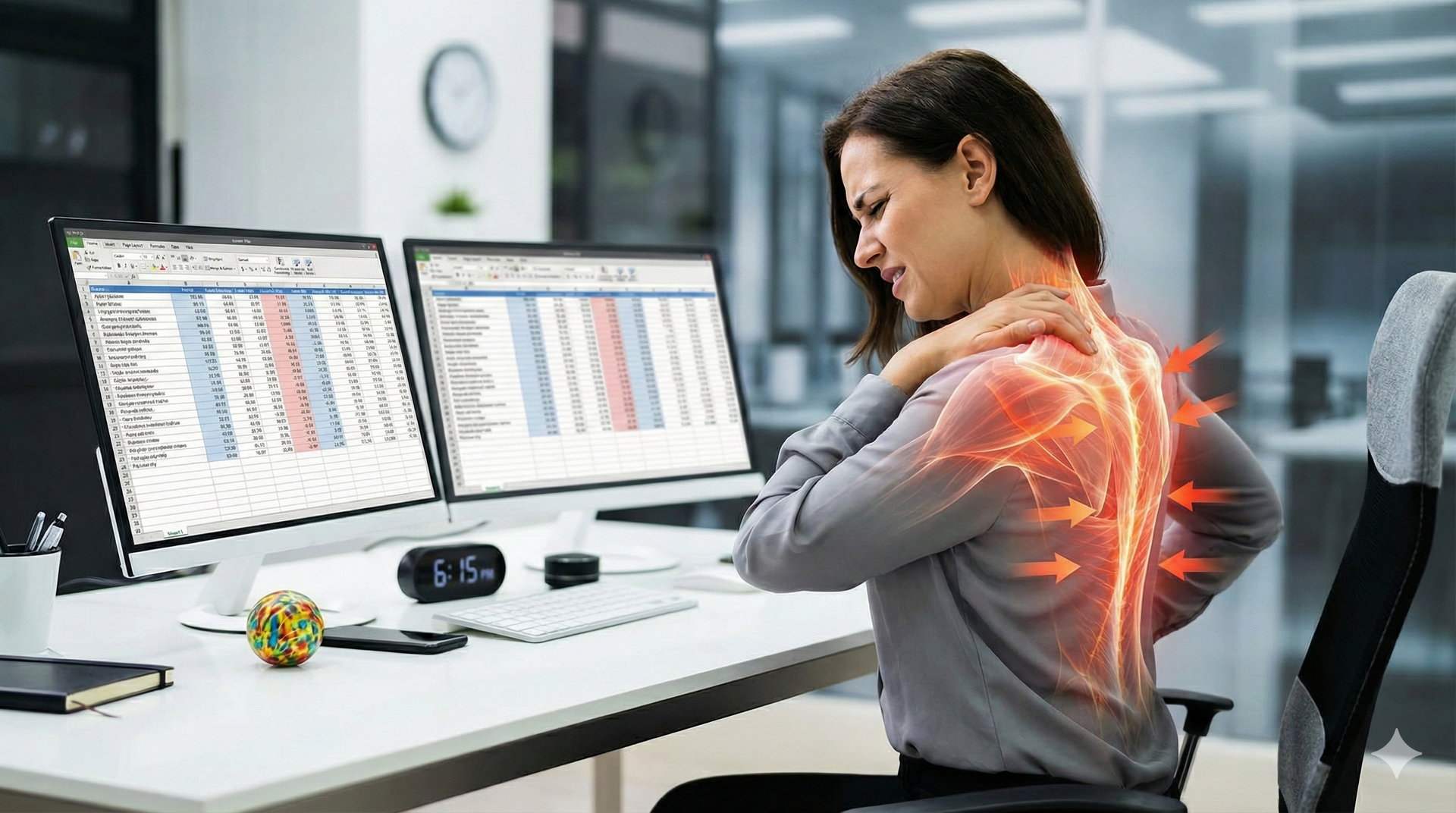 Woman with back pain at a desk in front of two computer screens. Red graphic overlay highlights pain.