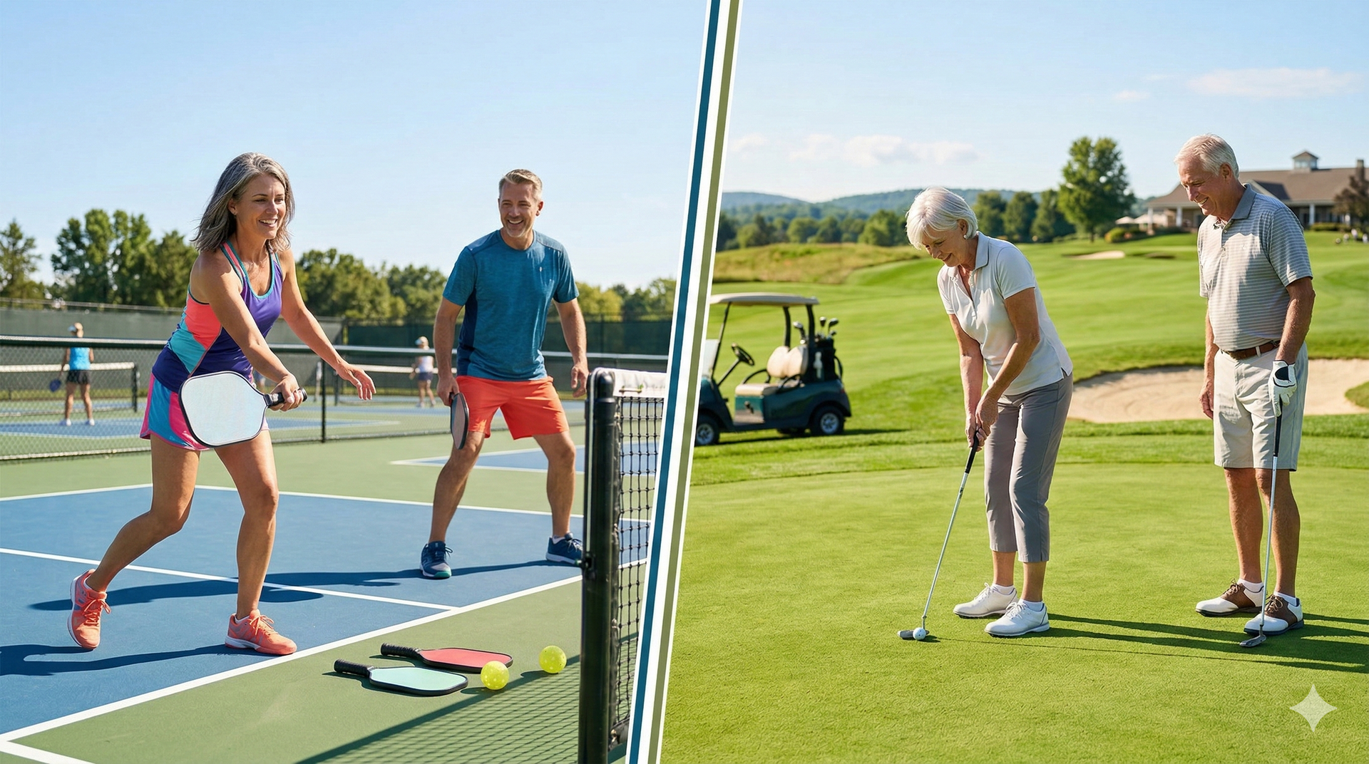 People playing pickleball and golf on a sunny day at a resort.