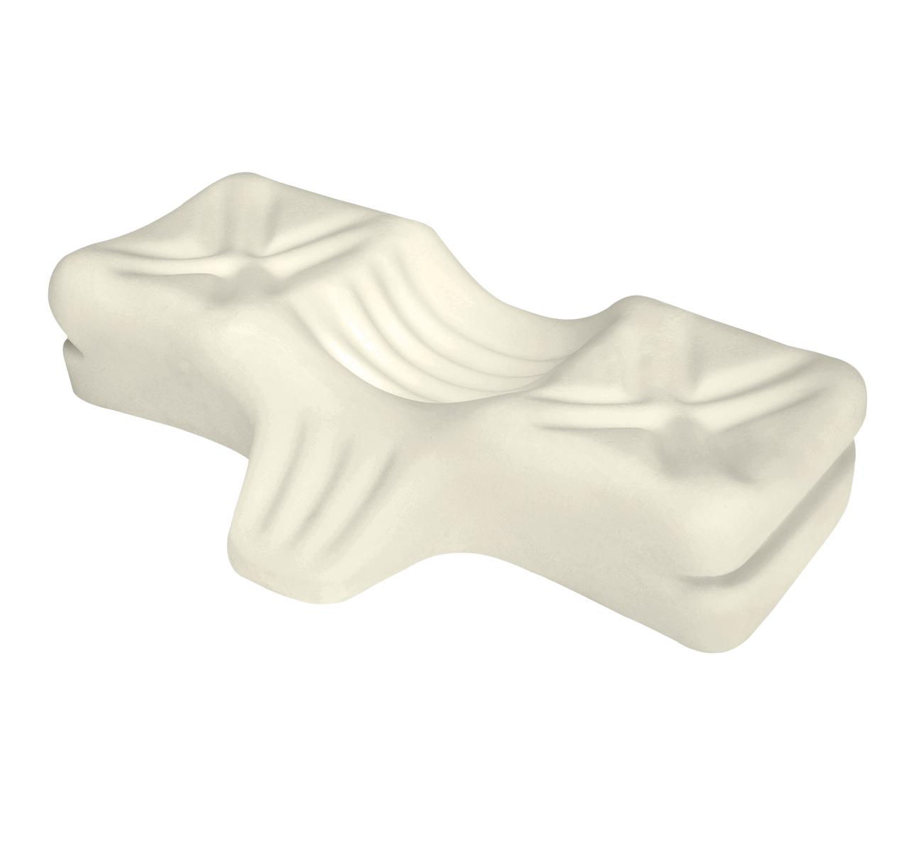 Off-white orthopedic neck pillow with molded contours for head and neck support.