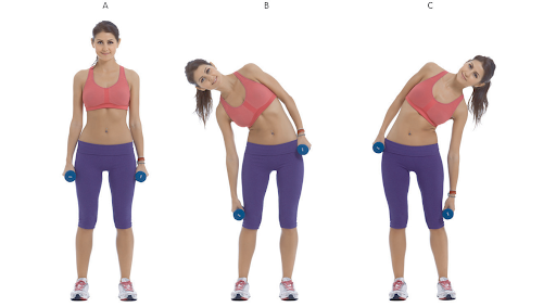 Woman performing dumbbell side bends, starting straight (A), bending left (B), and bending right (C).