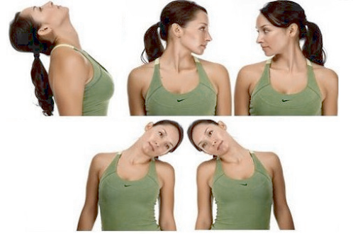 Woman demonstrating neck stretches: tilting head back, side to side, and rotating. Light green tank top. White background.