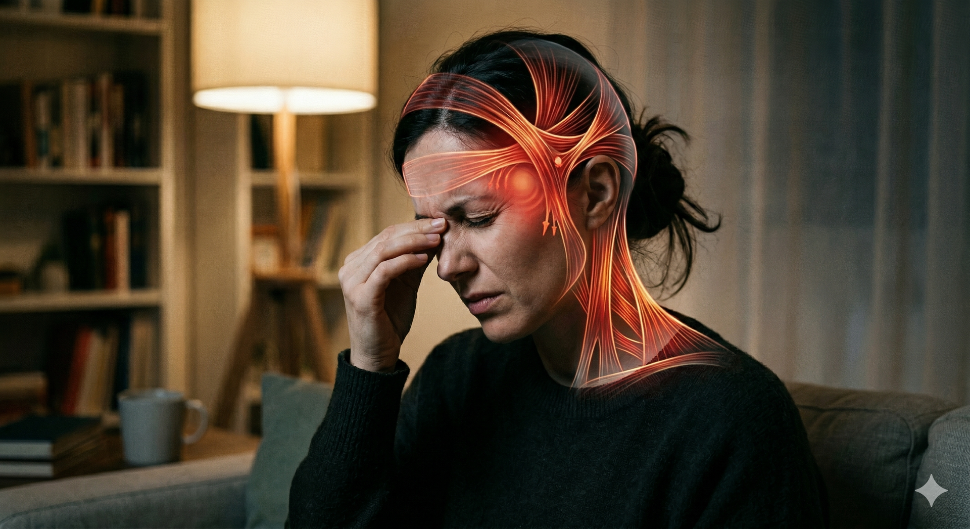 A person sits on a sofa, eyes closed, touching the bridge of their nose with a red glowing overlay representing head pain.