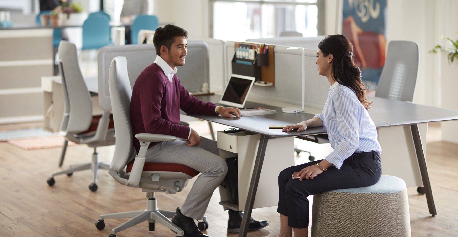 Two people in office setting, discussing over laptop. Man in maroon sweater, woman in blue striped shirt.