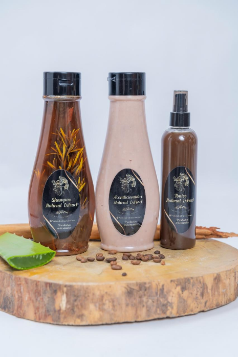 Tres frascos de cosméticos con etiquetas negras sobre una rodaja de madera con aloe vera y granos de café, sobre un fondo blanco.