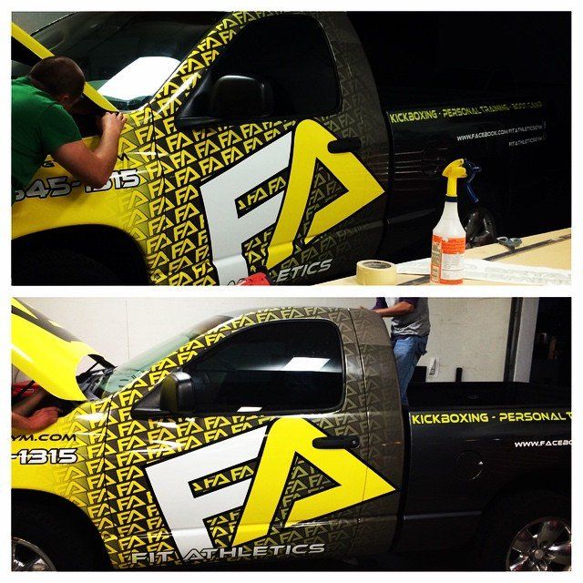 Two photos show a truck being wrapped with yellow and black FA Athletics graphics.