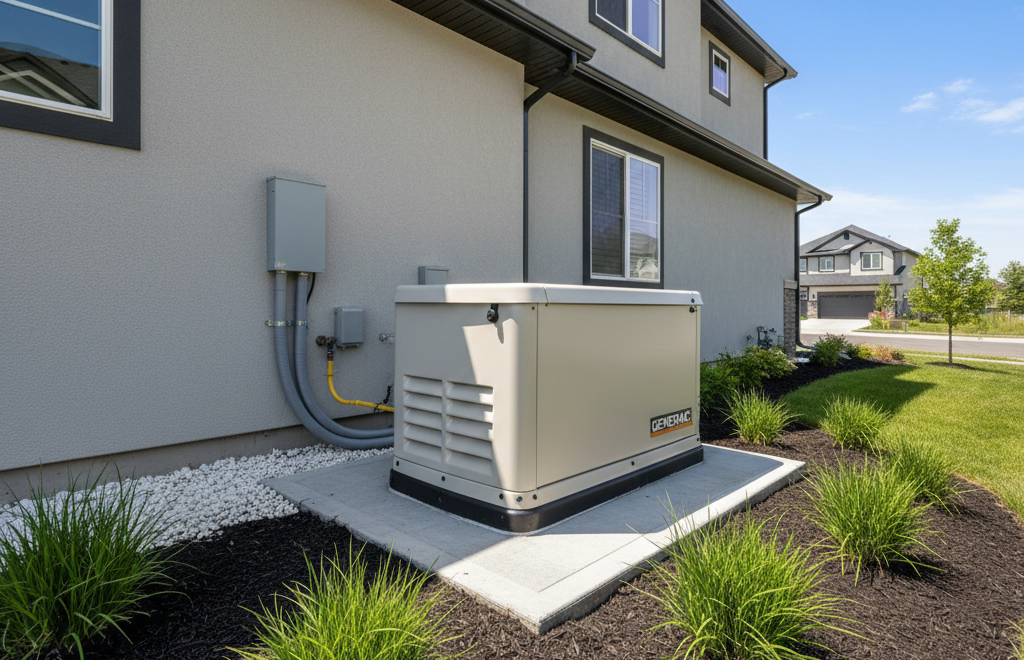 A home generator on a concrete pad next to a light gray house.