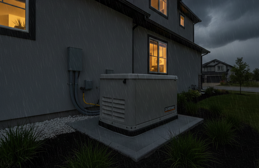 Exterior of a house with a generator on a concrete pad. It's nighttime, and the scene is overcast with a darkening sky.