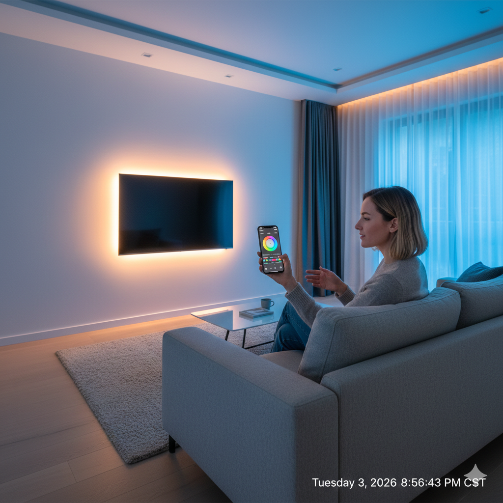 Woman using a smartphone to control color-changing lights around a TV in a modern living room.