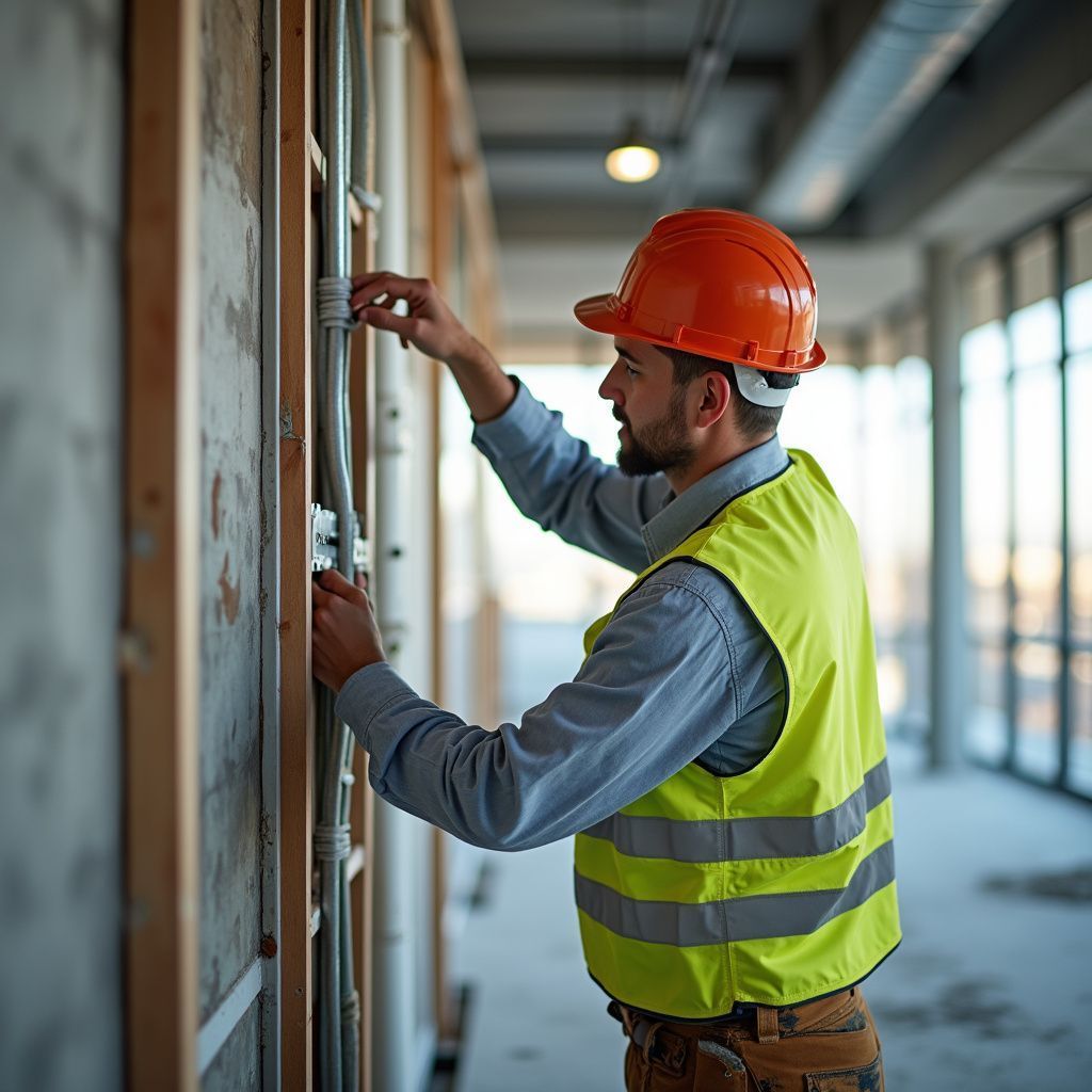Construction worker in orange hard hat and yellow vest installing electrical wiring in a building.