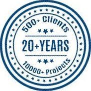 A blue stamp with the words `` 500+ clients 20+ years 10000+ projects '' written inside of it.