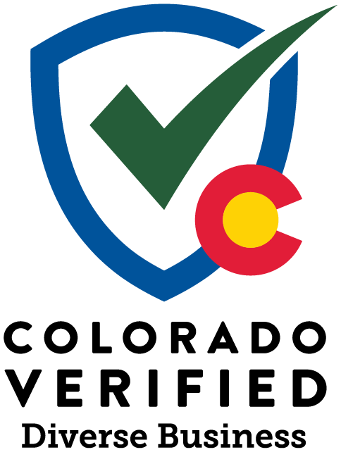 Colorado Verified Diverse Business logo: Blue shield with green check, Colorado flag outline, and text.