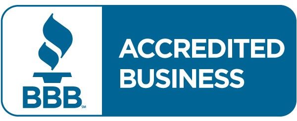 A blue and white sign that says accredited business