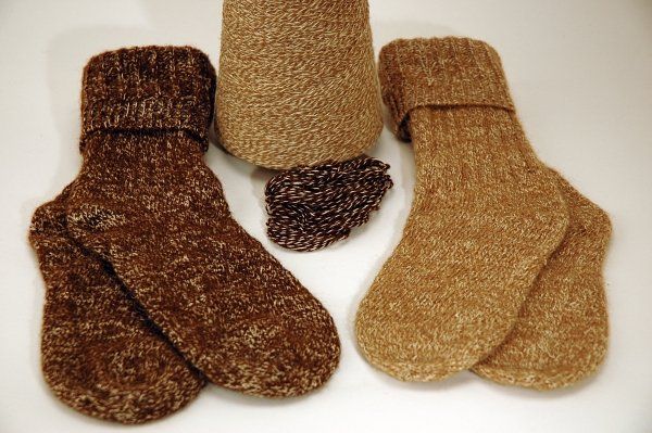 Three pairs of socks are sitting next to each other on a white surface