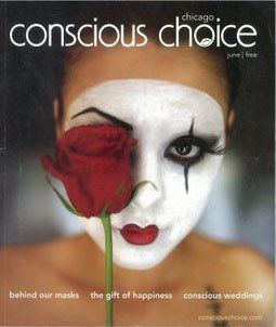 A woman with clown makeup is on the cover of conscious choice magazine