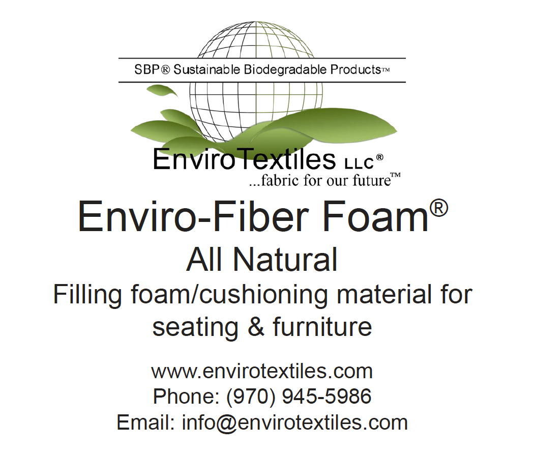 An advertisement for enviro fiber foam all natural filling foam / cushioning material for seating and furniture.