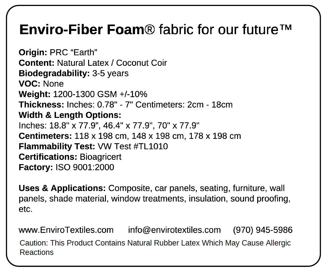 A label for enviro fiber foam fabric for our future