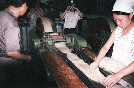 A woman is working on a machine while a man takes a picture