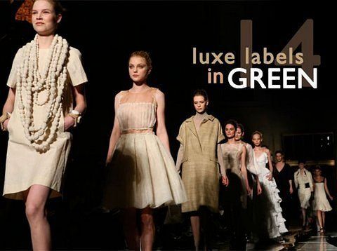 A group of women are walking down a runway with the words luxe labels in green behind them