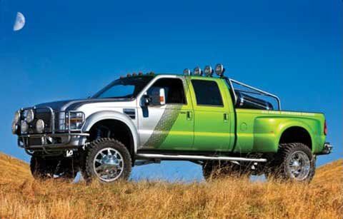 A green and silver truck is parked in a grassy field.
