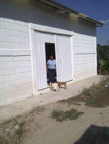 A woman and two dogs are standing in front of a white building.