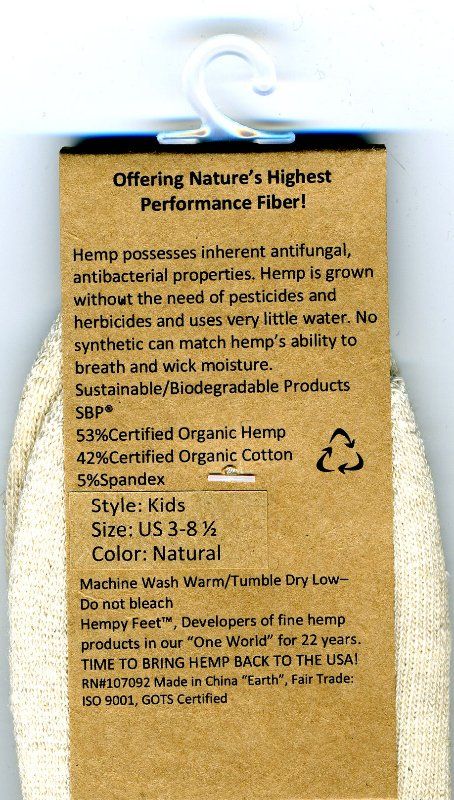 The back of a package of hemp socks says offering nature 's highest performance fiber