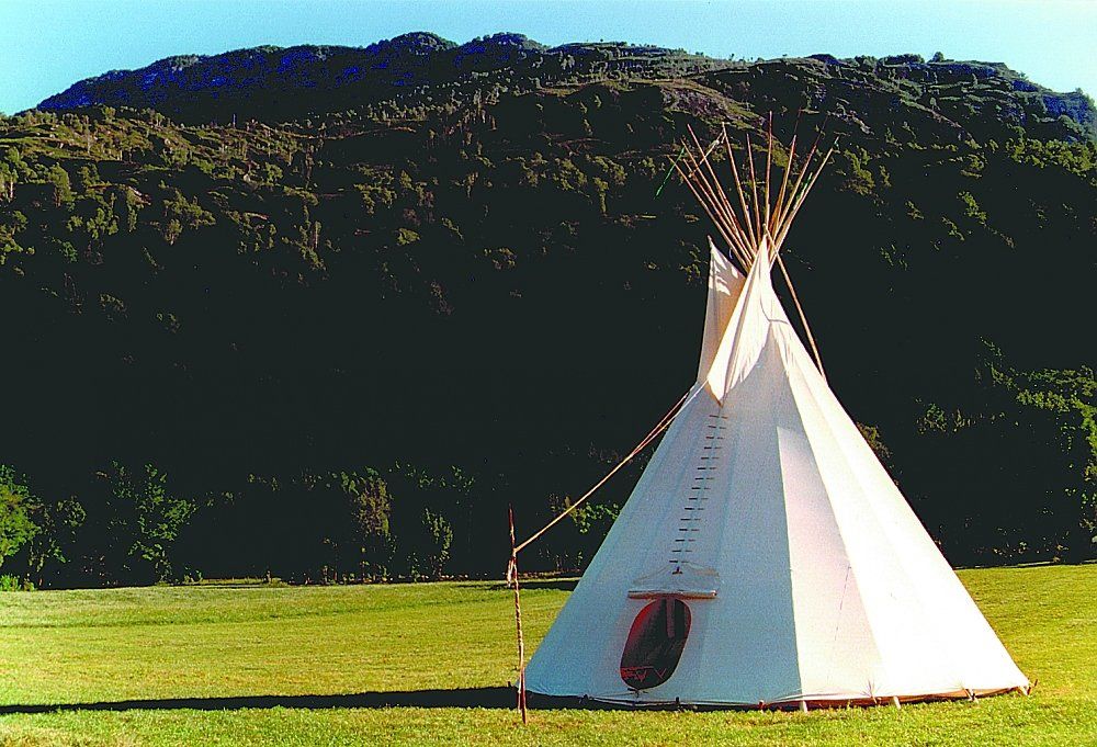 A teepee in a grassy field with mountains in the background