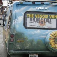 A blue van with a sunflower on the back is parked on the side of the road.