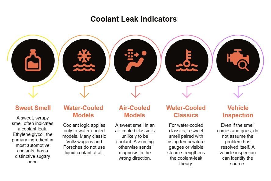 Infographic titled “Coolant Leak Indicators” explaining that a sweet smell may suggest coolant leaks in water-cooled cars, but air-cooled classics need different diagnosis and inspection.