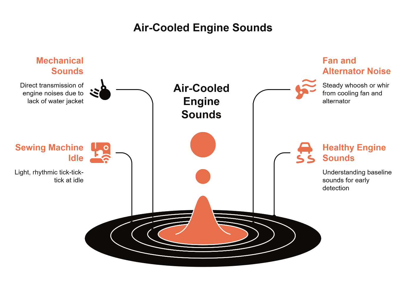 Air-cooled engine sounds diagram showing mechanical sounds, sewing machine idle, fan and alternator noise, and healthy engine baseline sounds for classic VW repair.
